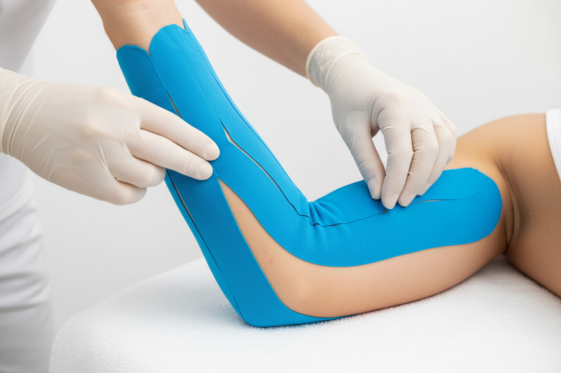 Kinesiotape Tennisarm anlegen – blaues Tape am Ellenbogen bei Epicondylitis