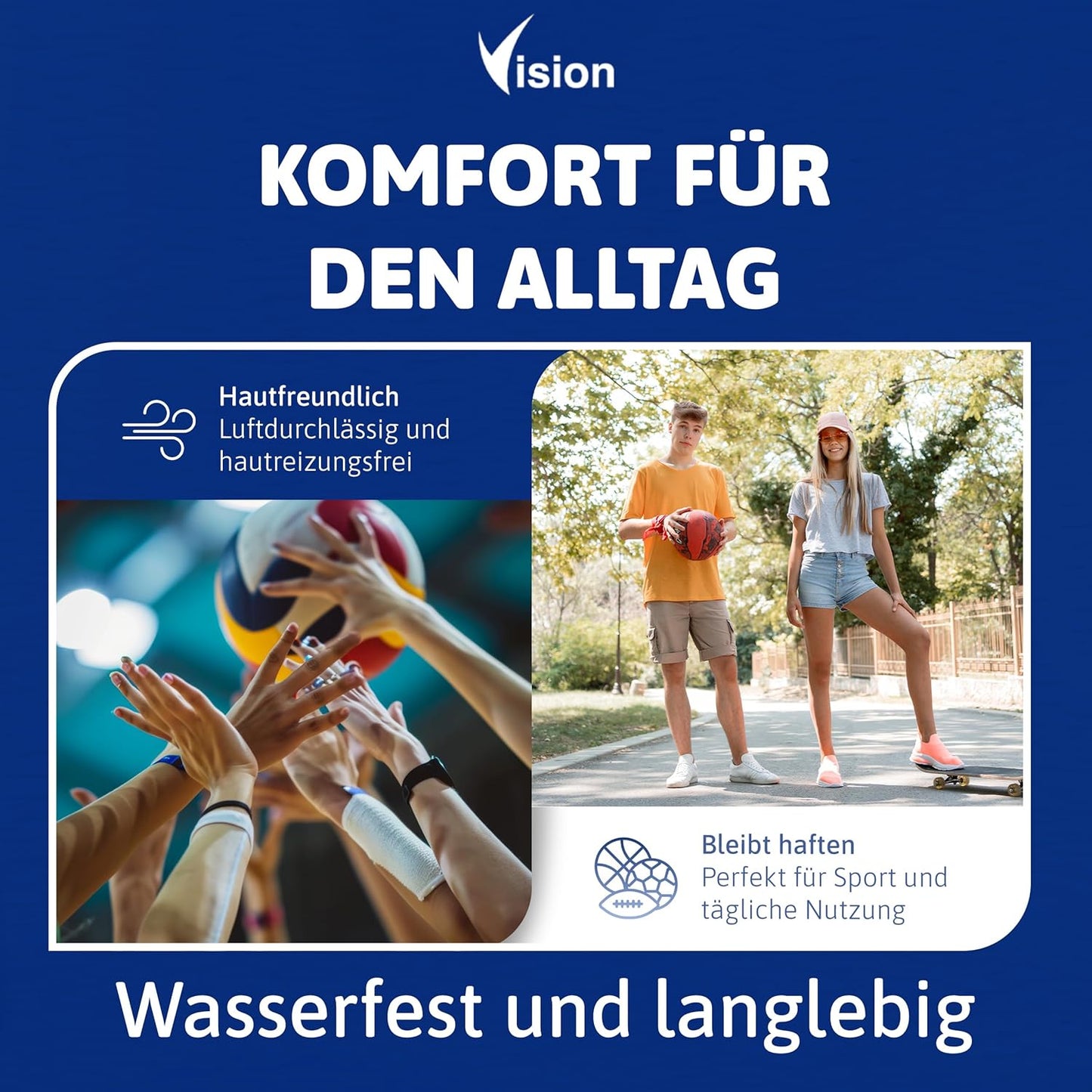 Hautfreundliches Kinesiotape für Alltag und Sport – luftdurchlässig, wasserfest und sicher haftend bei Bewegung