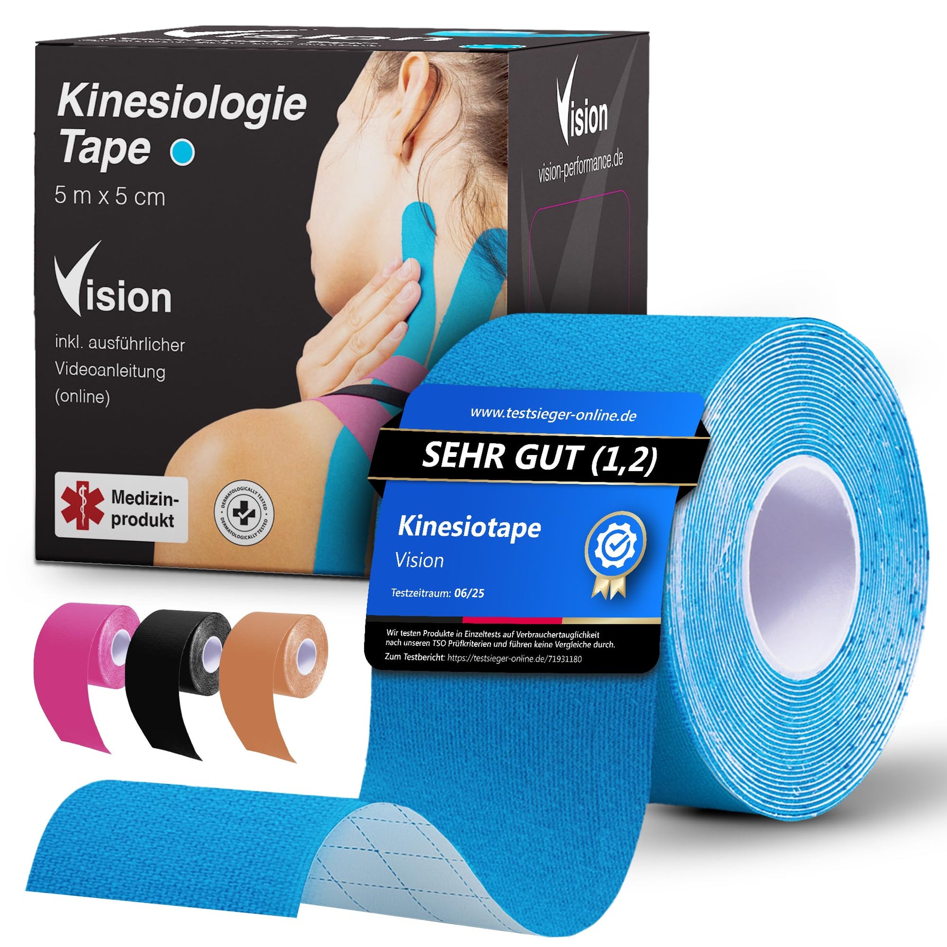 Kinesiotape Blau von Vision Performance – Medizinprodukt mit starkem Halt für Sport und Therapie