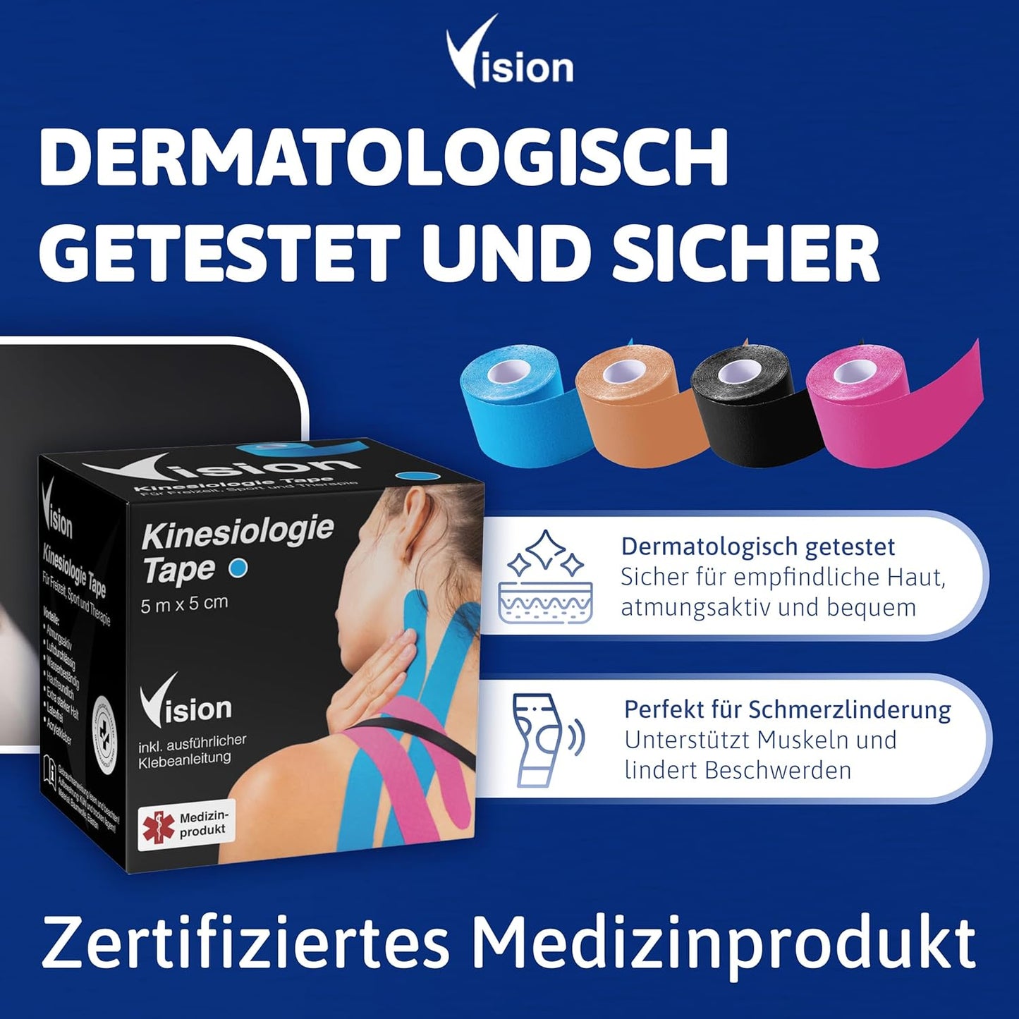 Zertifiziertes Medizinprodukt – Vision Kinesiotape ist dermatologisch getestet, atmungsaktiv und besonders hautverträglich