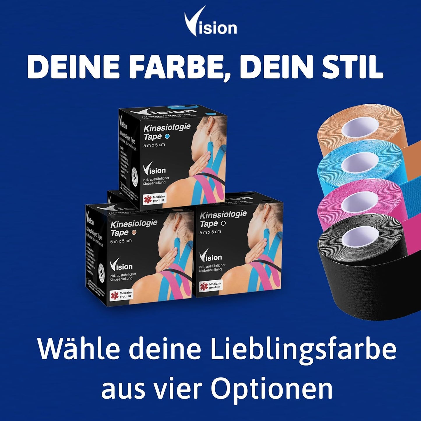 Vision Kinesiologie Tape in vier Farben – wähle zwischen Blau, Rot, Schwarz oder Beige für deinen persönlichen Stil